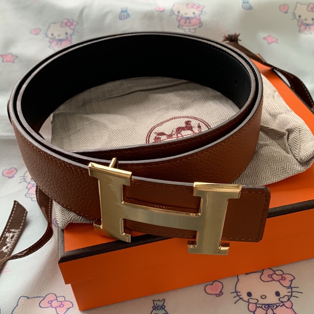 Hermes H Buckle Brown And Black Reversible Leather Belt
